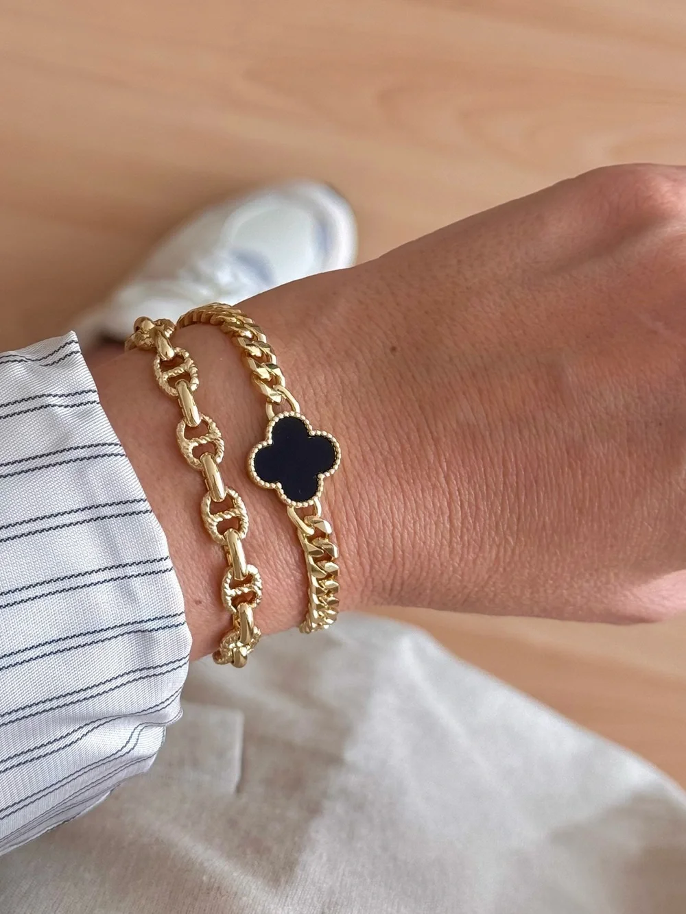 14K Gold Plated Black Clover Bracelet with Zirconia Adjustable Rhodium Plated